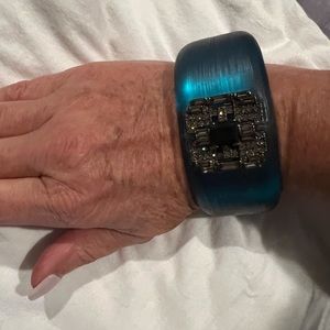 Alexis Bittar Iridescent Blue Lucite Cuff with stones